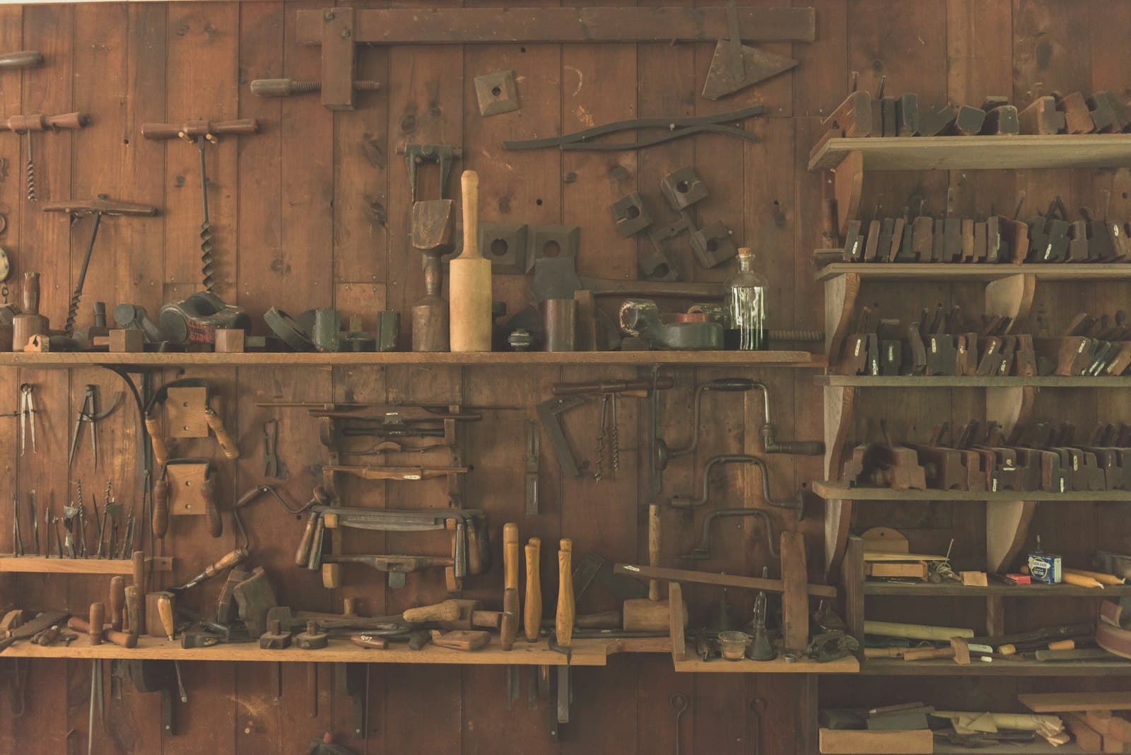 Wall of hand tools in a workshop