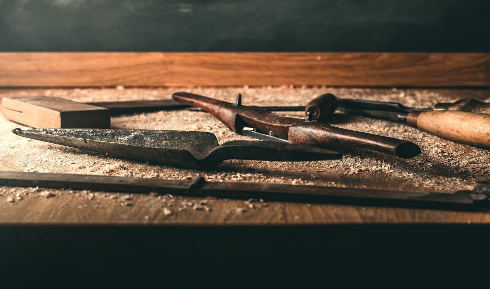 Old hand tools in sawdust