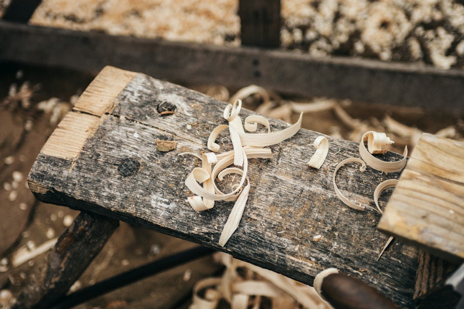 Wood shavings on an old workbench